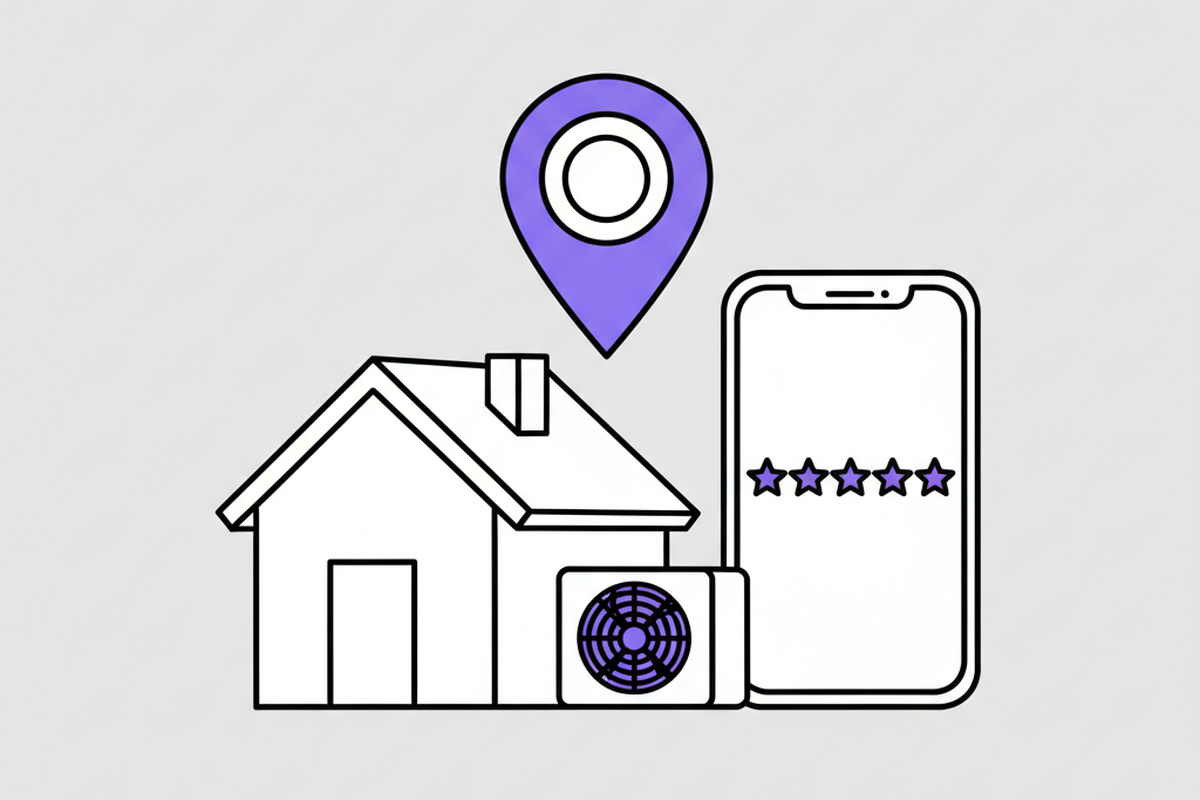 HVAC local SEO illustration showing a house with AC unit and Google Maps pin